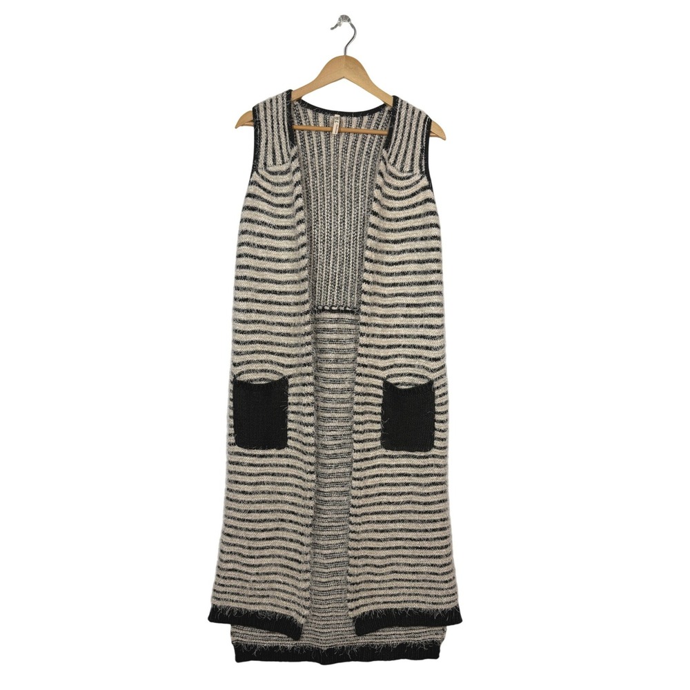 POL Longline Sweater Vest Women Medium Cream Gray Striped Fuzzy Knit Boho